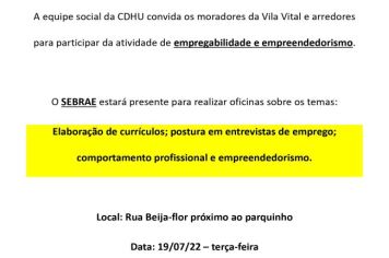 Atividades de Empregabilidade e Empreendedorismo na Vila Vital e região